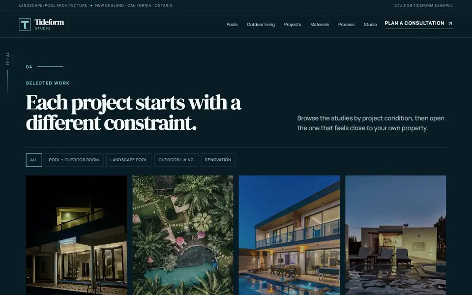 Tideform Studio — Landscape–Pool Architectural Studio interior page and content preview