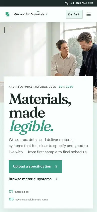 Verdant Arc Materials mobile website preview