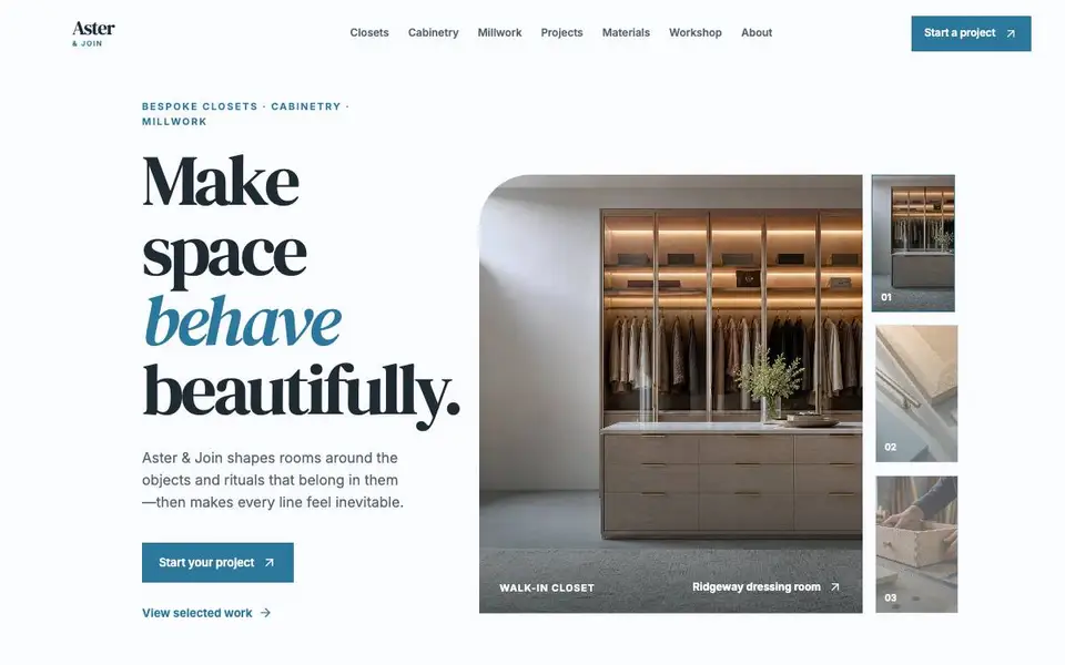 Aster & Join — Walk-In Closet Designer website screenshot