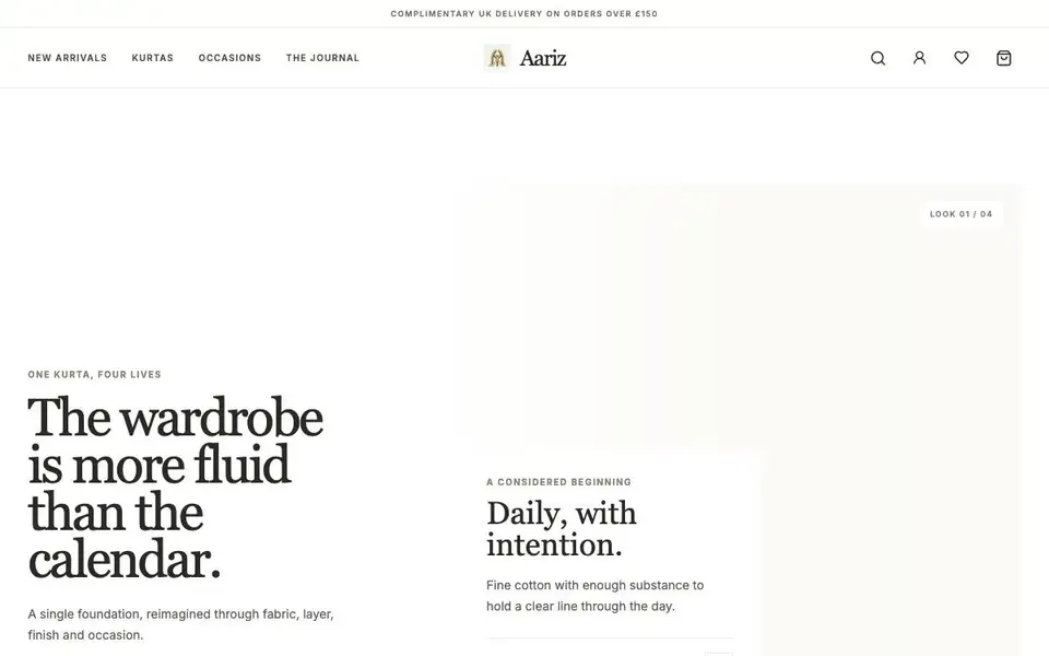Aariz Menswear interior page and content preview