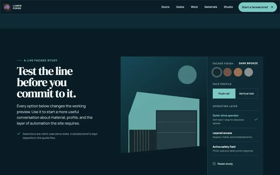 Lumen Forge — Architectural Garage Door Studio interior page and content preview