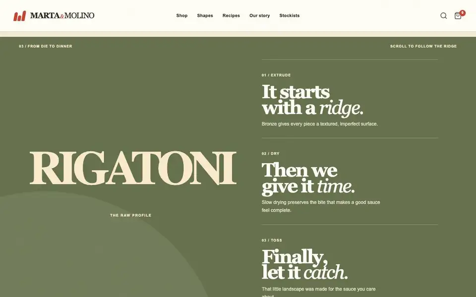 Marta & Molino — Artisan Pasta Brand interior page and content preview