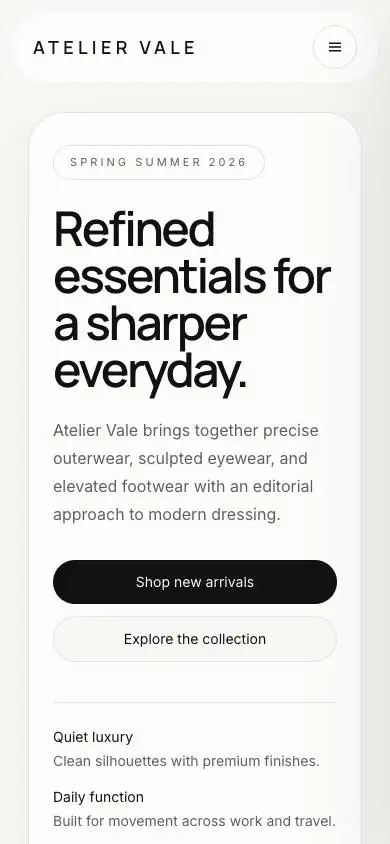 Atelier Vale mobile website preview