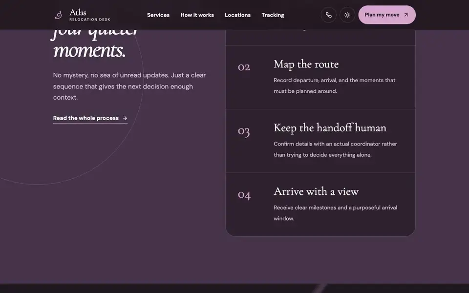 Atlas Relocation interior page and content preview