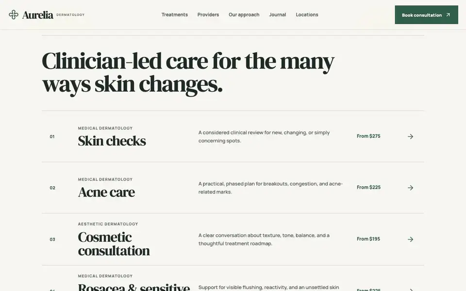 Aurelia Dermatology & Skin Clinic interior page and content preview
