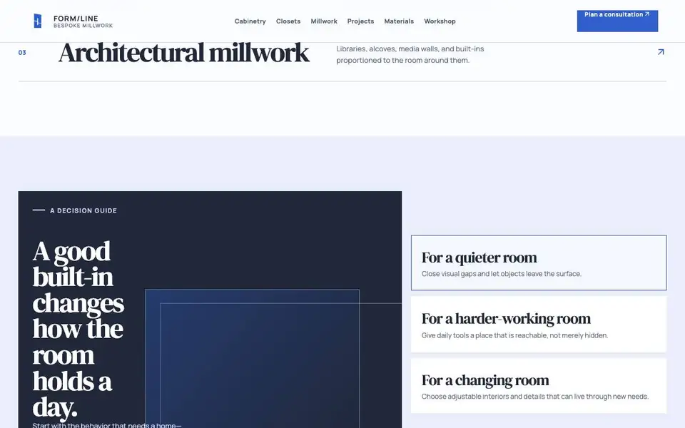 Formline — Bespoke Millwork Studio interior page and content preview