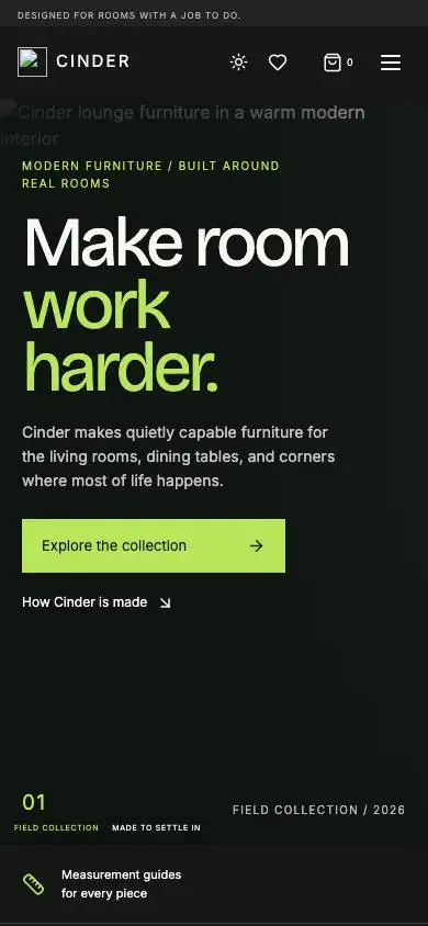 Cinder Furniture Store mobile website preview