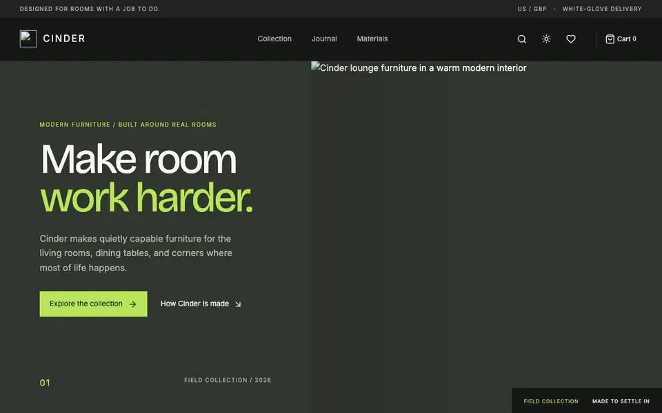 Cinder Furniture Store website screenshot
