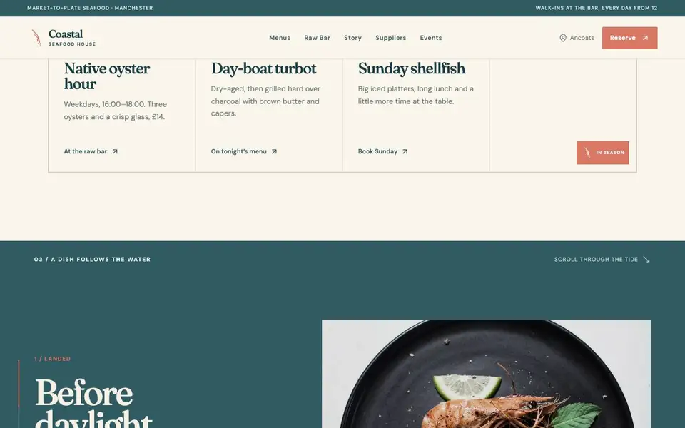 Coastal Seafood House interior page and content preview