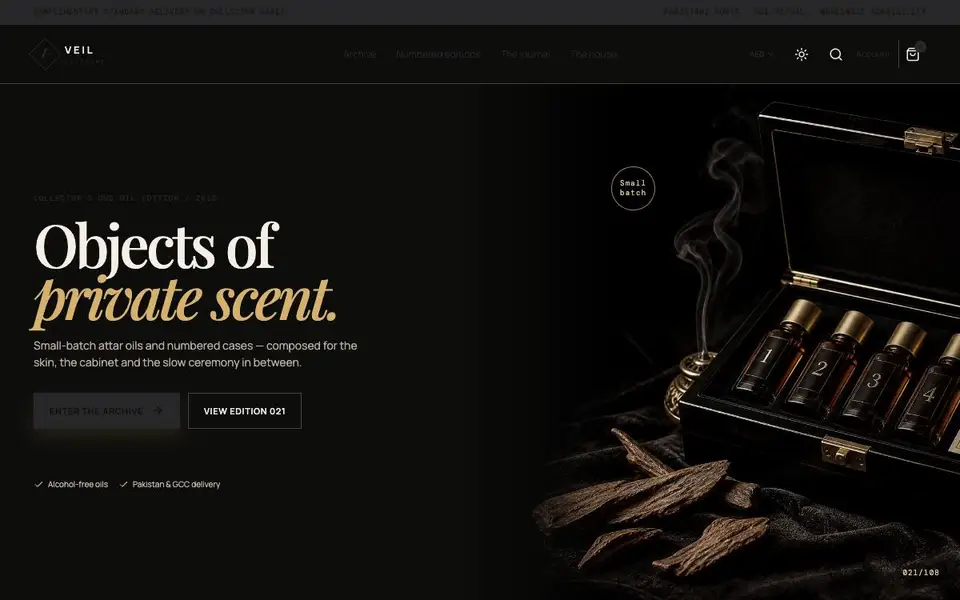 Veil Editions — Collector’s Oud Oil Edition website screenshot