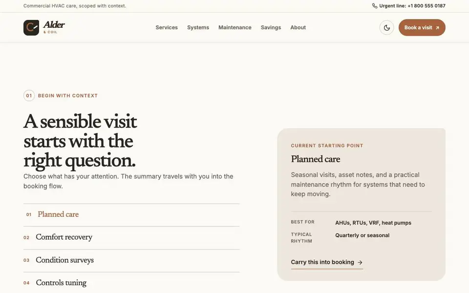 Alder & Coil — Commercial HVAC Care website screenshot