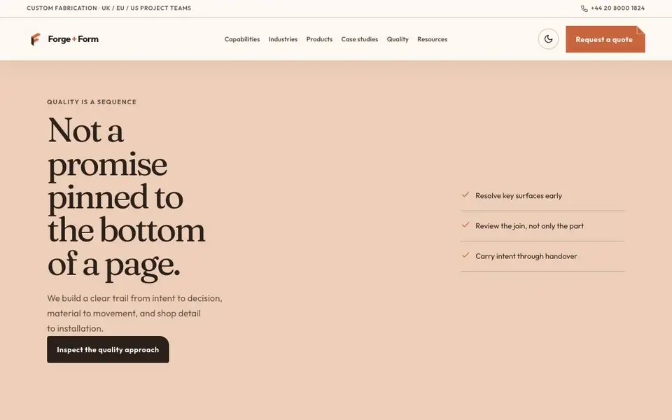 Forge & Form — Custom Fabrication Studio interior page and content preview