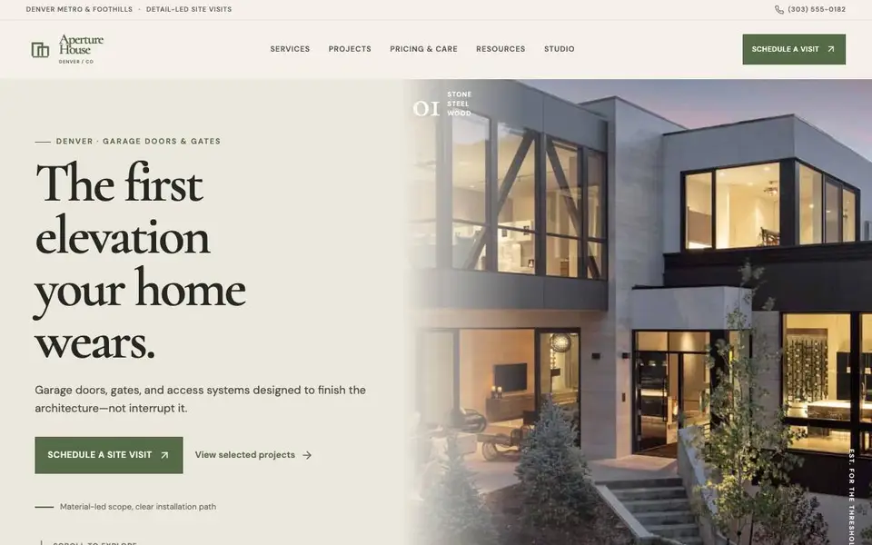 Aperture House — Premium Garage Door & Gate Studio website screenshot
