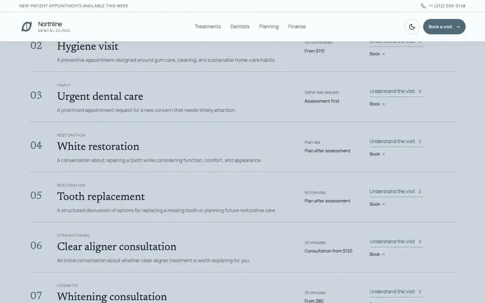 Northline Dental Clinic interior page and content preview