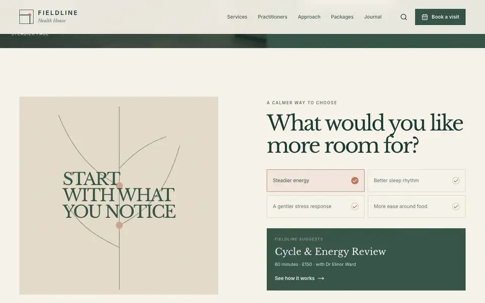 Fieldline Health House interior page and content preview