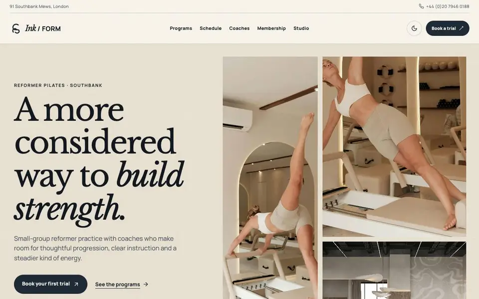 Ink & Form — Boutique Reformer Pilates website screenshot