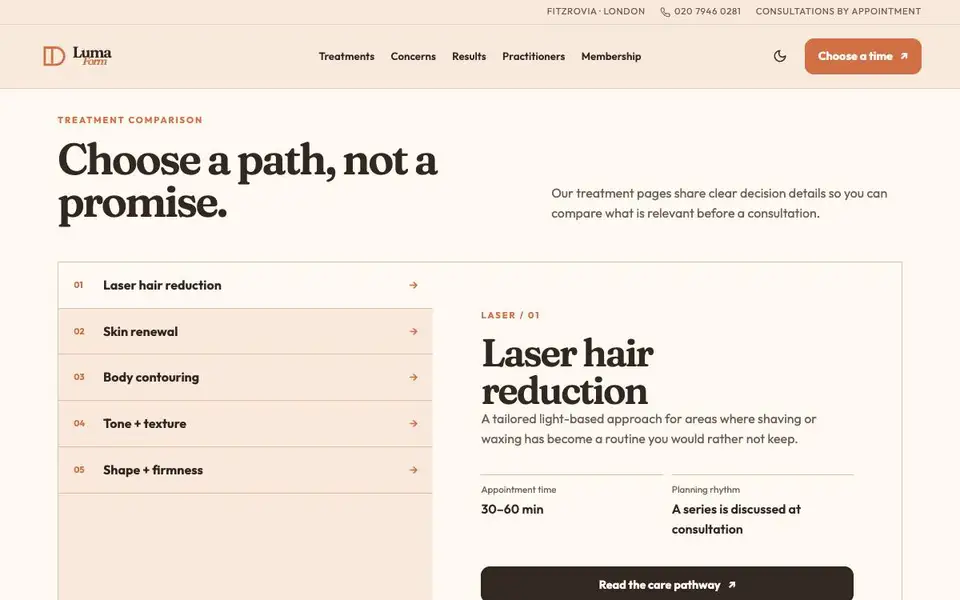 Luma Form — Laser Body Clinic interior page and content preview