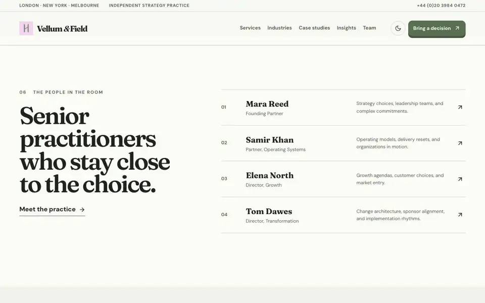 Vellum & Field — Strategy Consultancy Website interior page and content preview