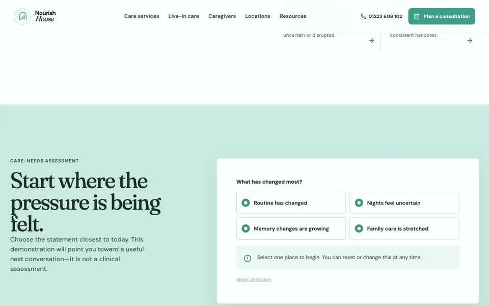 Nourish House — Live-In Care Concierge interior page and content preview