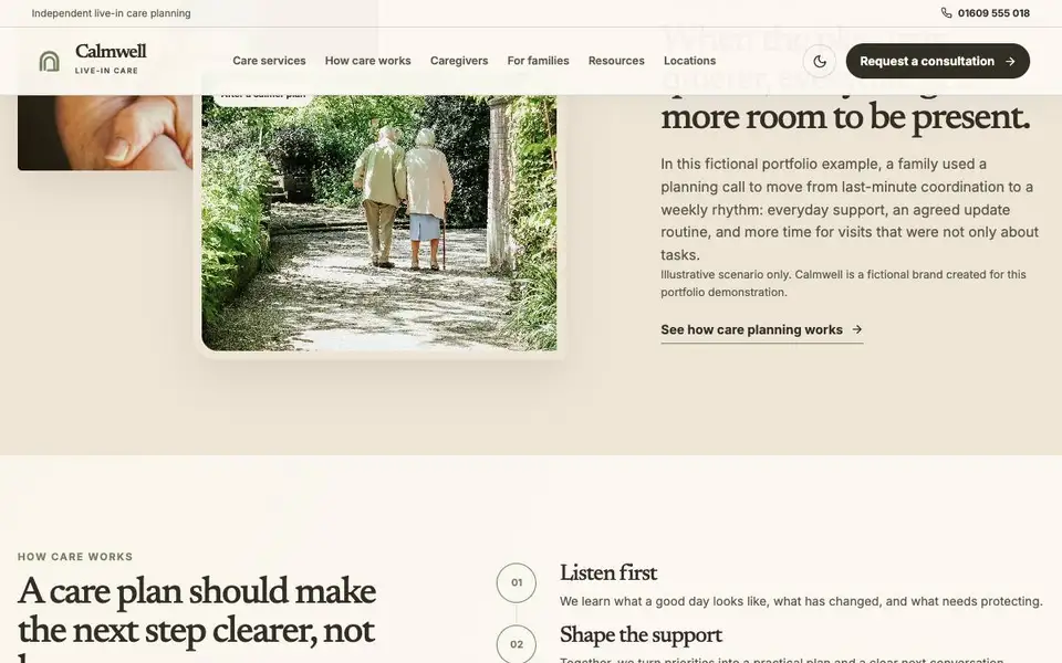 Calmwell Live-in Care interior page and content preview