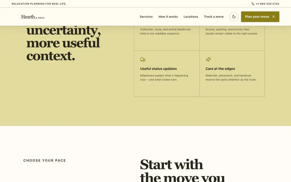 Hearth & Haul — Premium Moving Company Experience interior page and content preview
