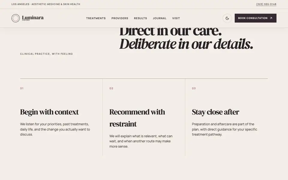 Luminara House Med Spa interior page and content preview