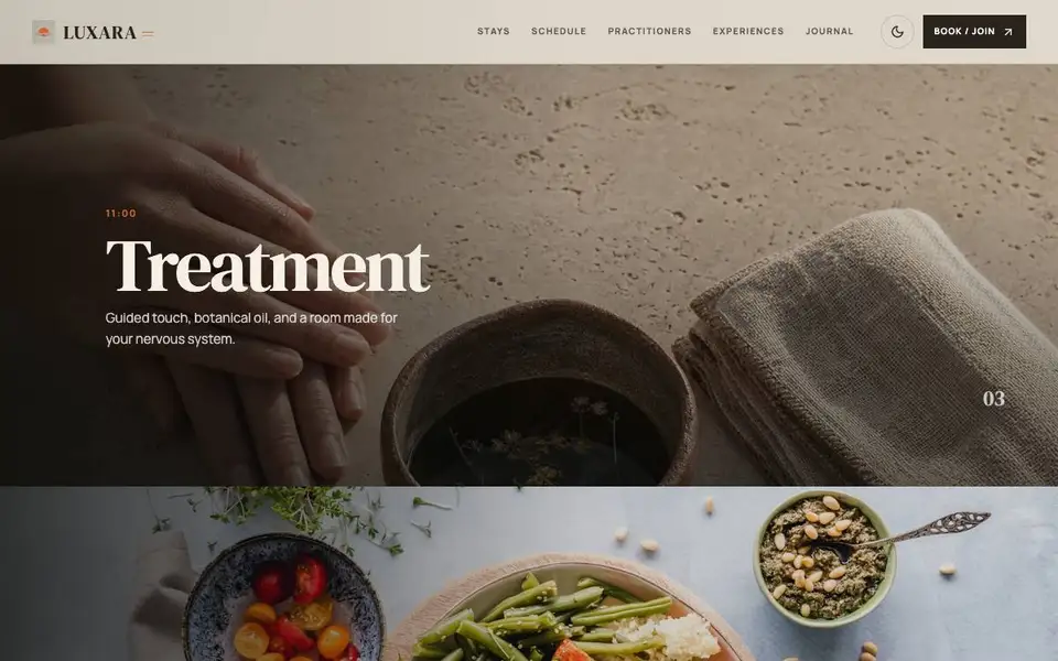 Luxara Retreat interior page and content preview