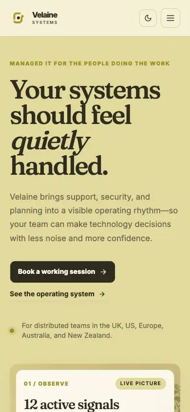 Velaine Systems — Managed IT Provider Website mobile website preview