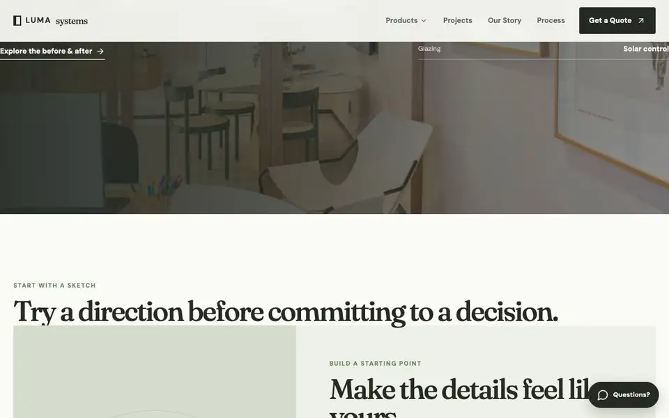 Luma Systems — Minimal Window Systems Studio interior page and content preview