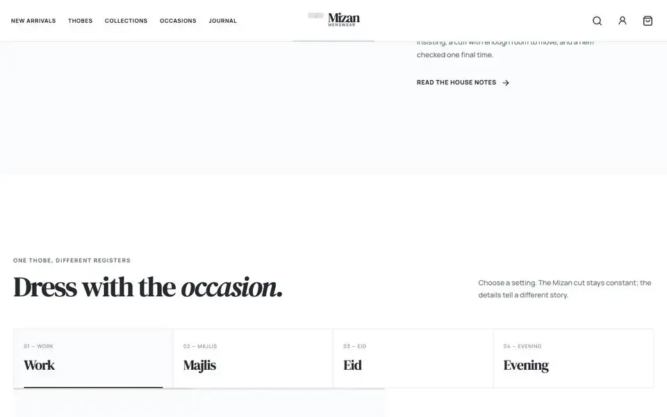Mizan Menswear interior page and content preview