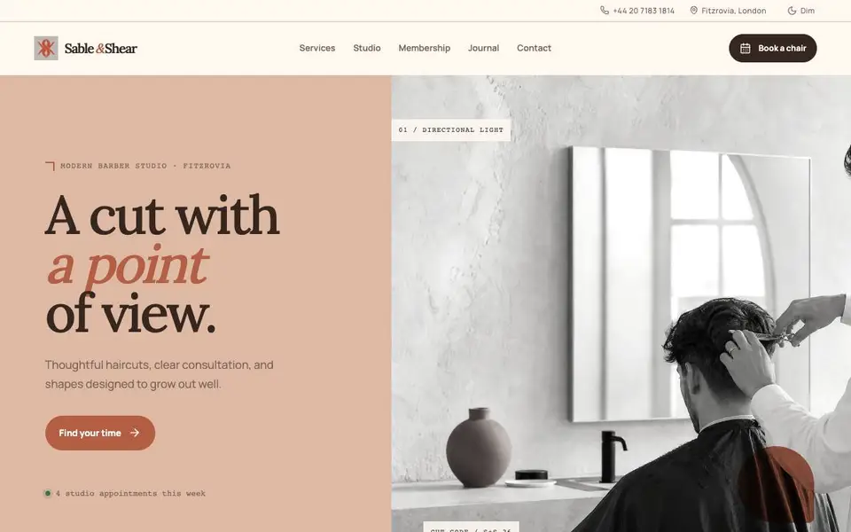 Sable & Shear — Modern Barber Studio website screenshot