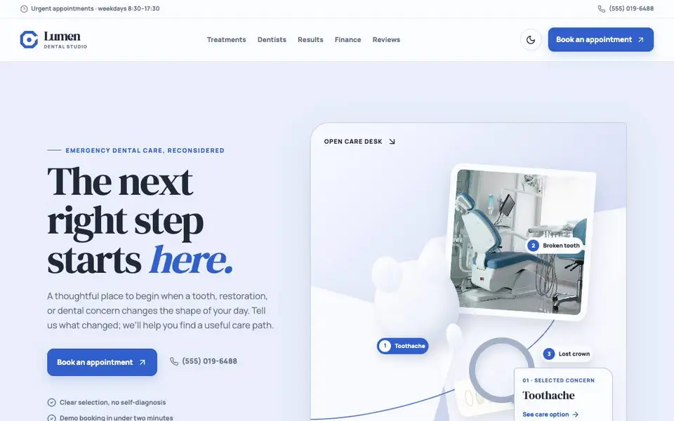 Lumen Dental Studio — Modern Emergency Dentist website screenshot