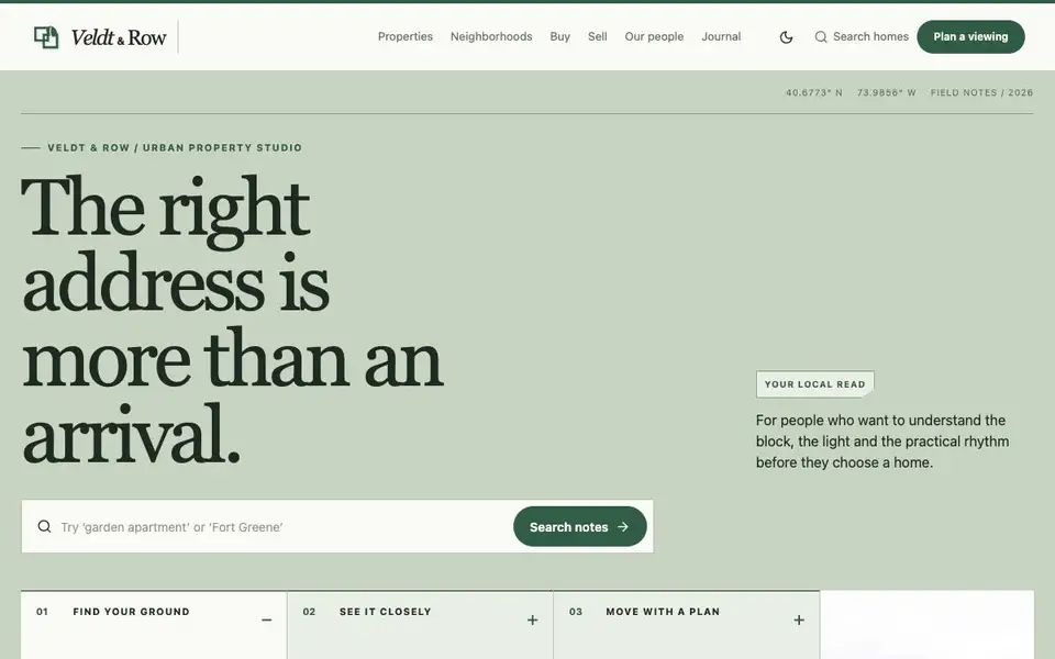 Veldt & Row — Modern Urban Realtor website screenshot