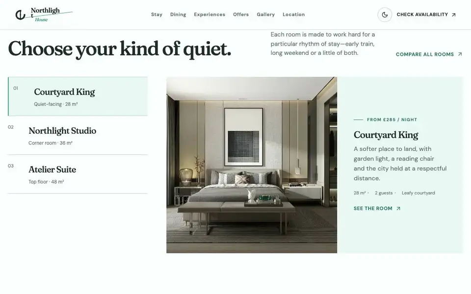 Northlight House — Boutique City Hotel interior page and content preview