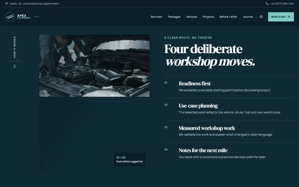 Apex Current — Performance Tuning Shop interior page and content preview
