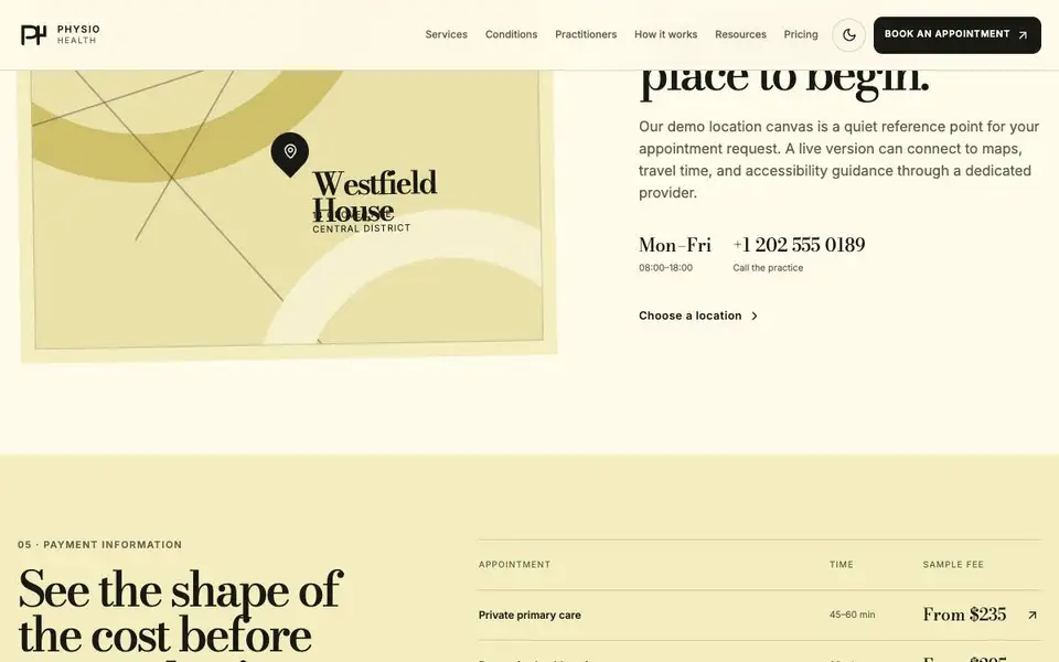 Physio Health — Private Primary Care Clinic interior page and content preview