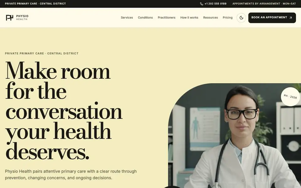 Physio Health — Private Primary Care Clinic website screenshot