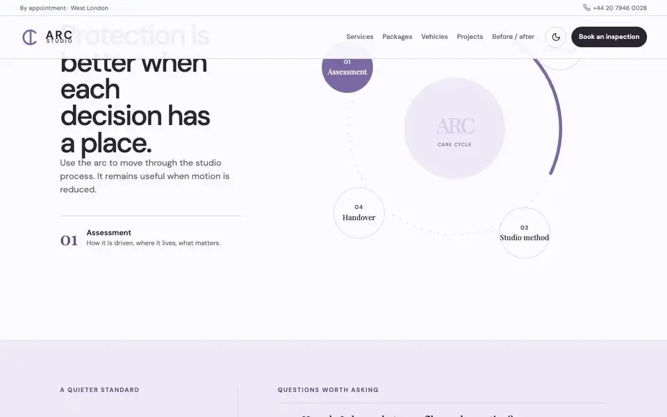 ARC Studio — PPF & Ceramic Care Website interior page and content preview
