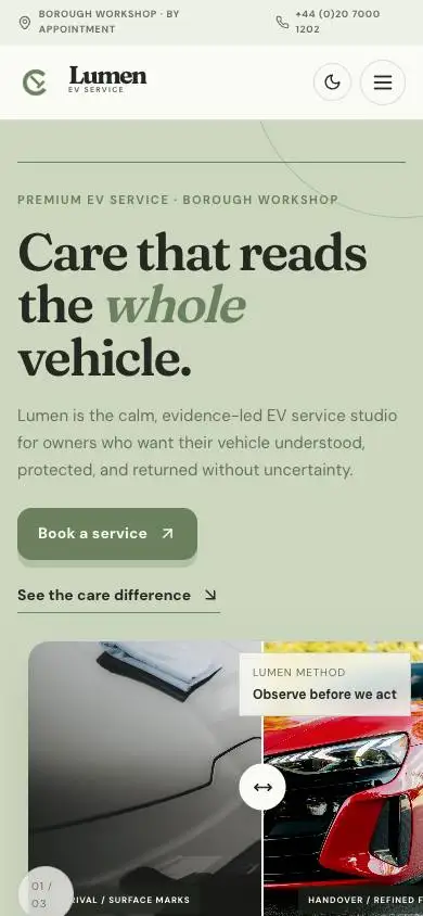 Lumen EV Service Center mobile website preview