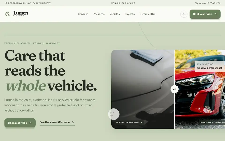 Lumen EV Service Center website screenshot