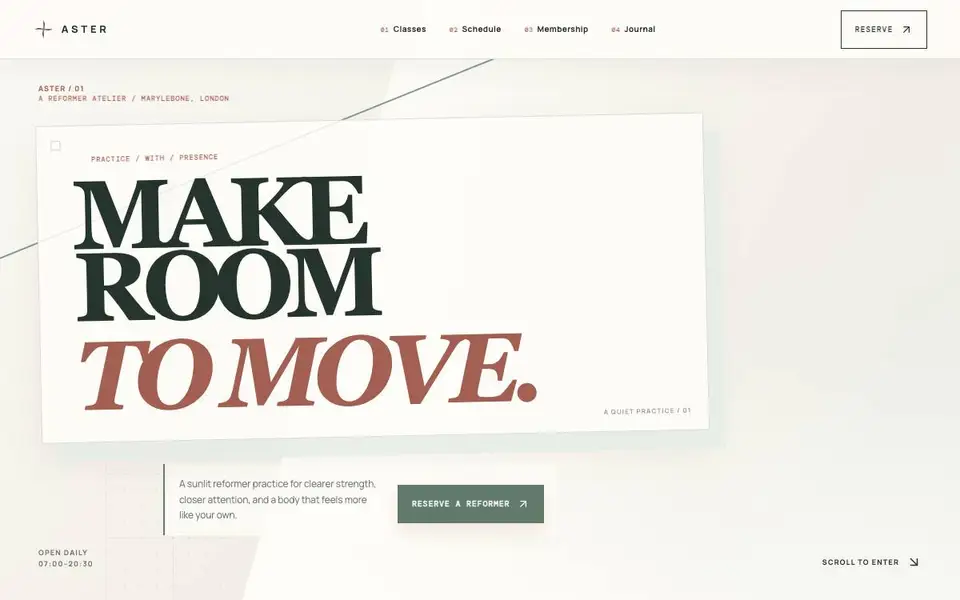 Aster Pilates Studio website screenshot