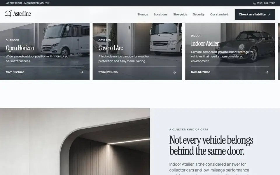 Asterline Storage — Premium Vehicle Storage interior page and content preview
