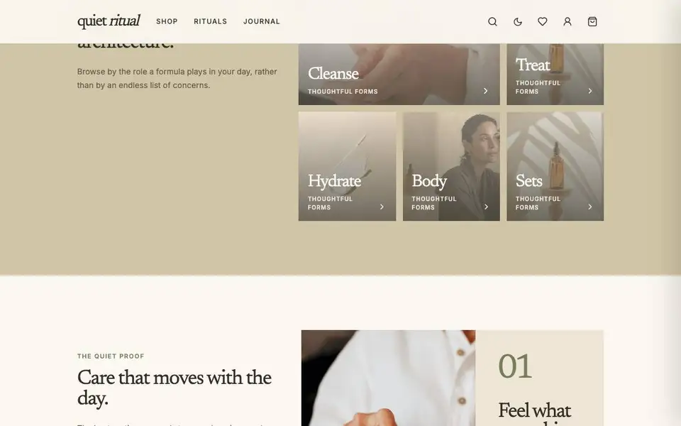 Quiet Ritual — Luxury Skincare Store interior page and content preview
