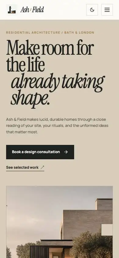 Ash & Field Architecture mobile website preview