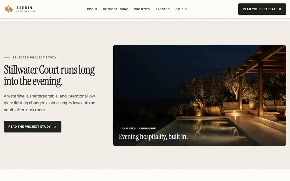 Serein Outdoor Living interior page and content preview