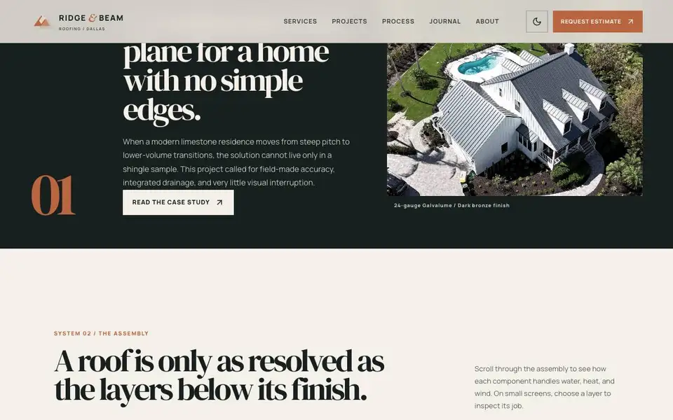 Ridge & Beam Roofing — Dallas interior page and content preview