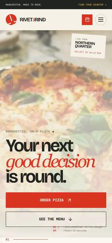 Rivet & Rind Pizza mobile website preview