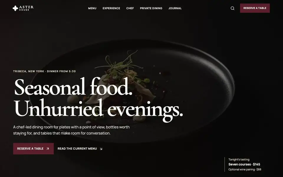 Aster House — Contemporary Fine Dining website screenshot