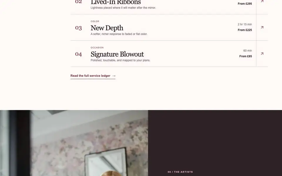 Maison Morrow — Luxury Hair Salon Website interior page and content preview