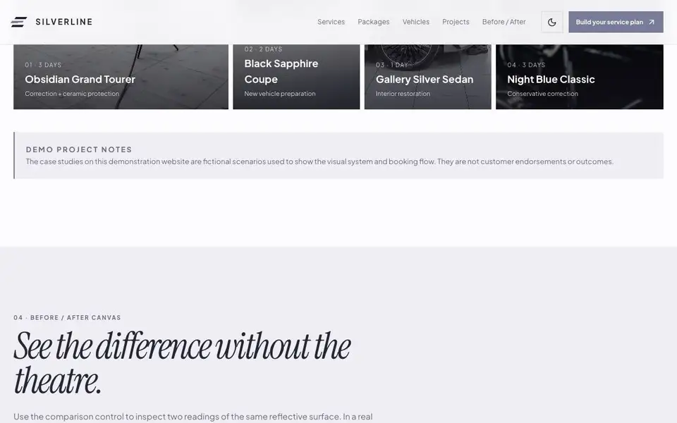 Silverline Auto Detailing interior page and content preview